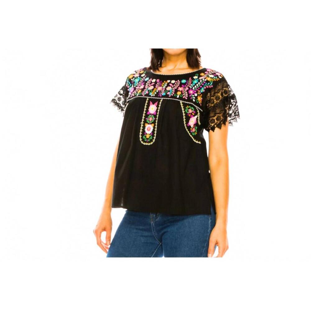 NEW UNIK embroidered mexican lace sleeve blouse in black